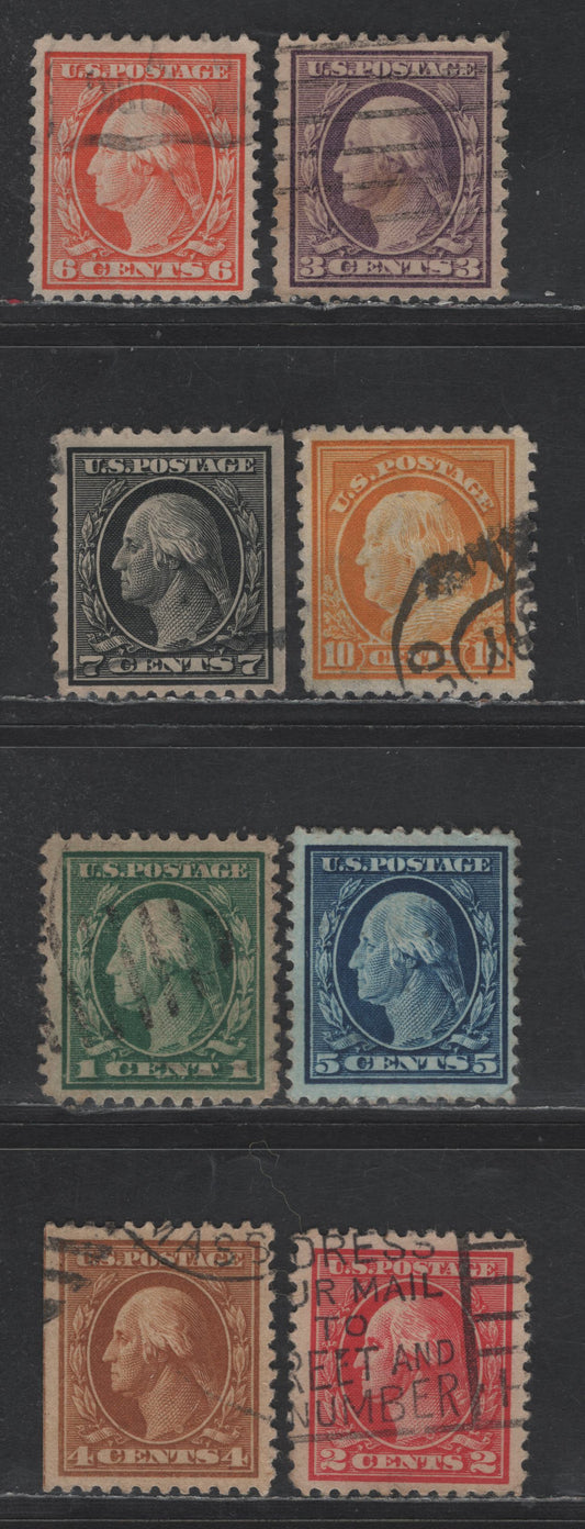 Lot 428 United States Of America SC#498, 528, 501, 503-504, 506 1c-10c Green - Orange Yellow Franklin & Washington, 1908-1920 Washington-Franklin Issue, 8 VF Used Singles Perf. 11, Unwatermarked, 10c With Severe Thin, Not Counted, 2c Is Offset Type Va