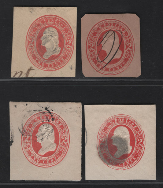 Lot 43 United States SC#U236, U237, U239 2c Red Washington, 1883 Heads Issue, 4 Fine/Very Fine Used Singles, White Wove & Laid, Amber Wove & Fawn Laid Papers, large Blurred Wavy Lines
