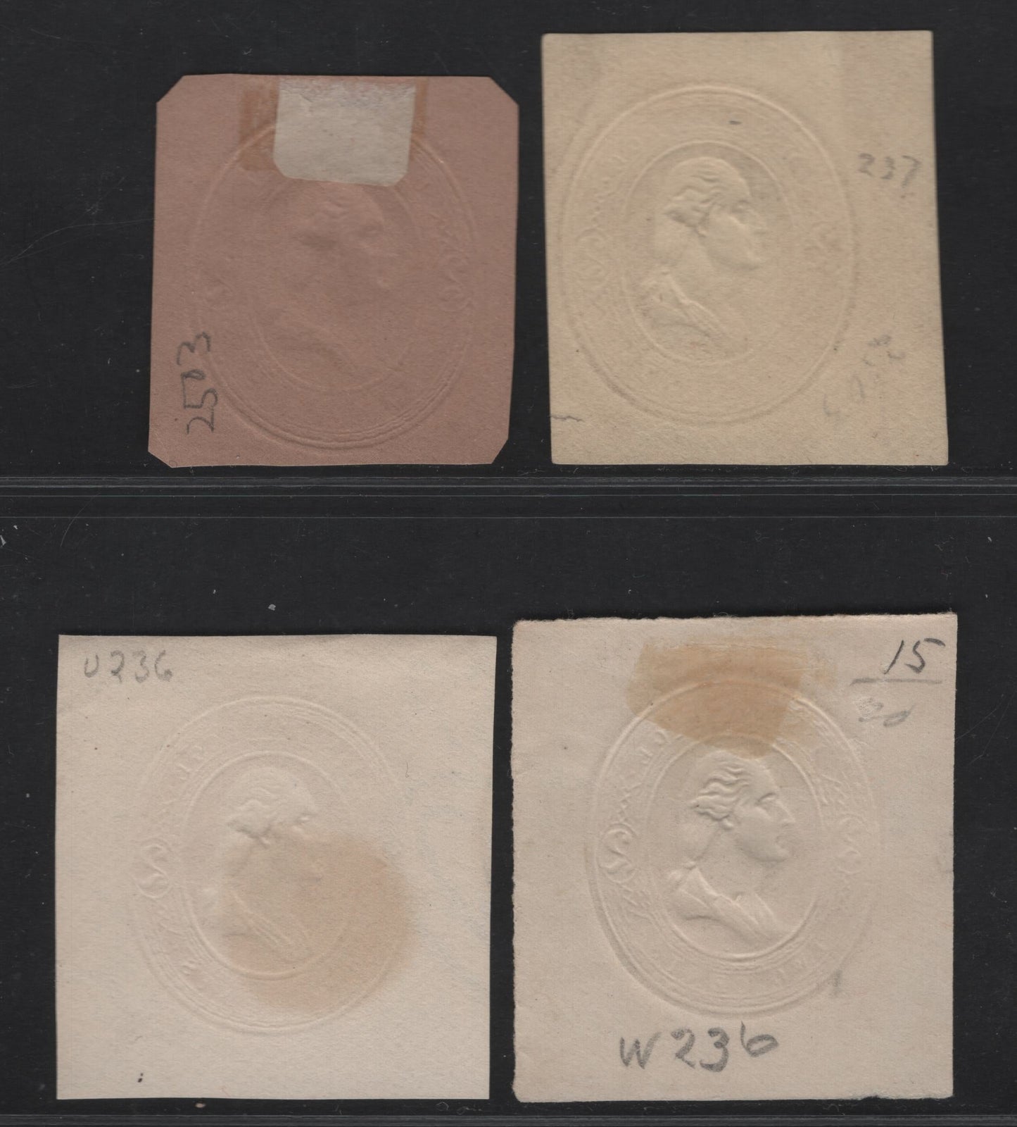 Lot 43 United States SC#U236, U237, U239 2c Red Washington, 1883 Heads Issue, 4 Fine/Very Fine Used Singles, White Wove & Laid, Amber Wove & Fawn Laid Papers, large Blurred Wavy Lines