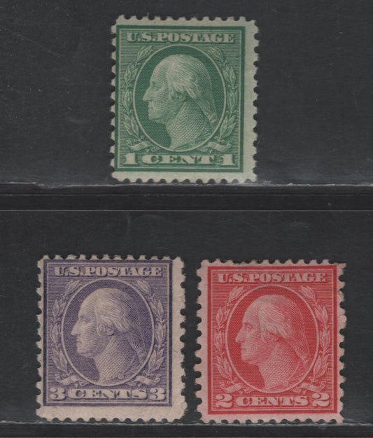 Lot 437 United States Of America SC#538, 540, 541 1c-3c Green, Carmine Rose & Violet George Washington, 1908-1920 Washington-Franklin Issue, 3 Fine OG Singles Perf. 11 x 10 Rotary Press Printing, 2c Is Type III and 3c Is Type II