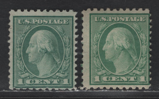 Lot 438 United States Of America SC#542 1c Green & Bluish Green George Washington, 1908-1920 Washington-Franklin Issue, 2 VGOG & Fine OG Singles Perf. 10 x 11, Rotary Press Printing, Green Shade With Small Hinge Thin