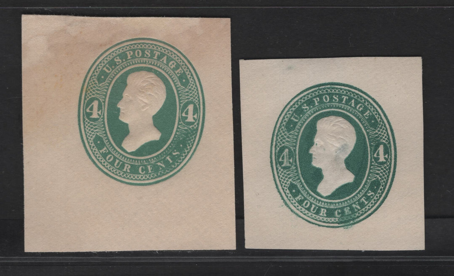 Lot 44 United States SC#U250, U256 4c Green Jackson, 1883-1886 Heads Issue, 2 Very Fine Unused Singles, White Paper, Dies 1 & 2