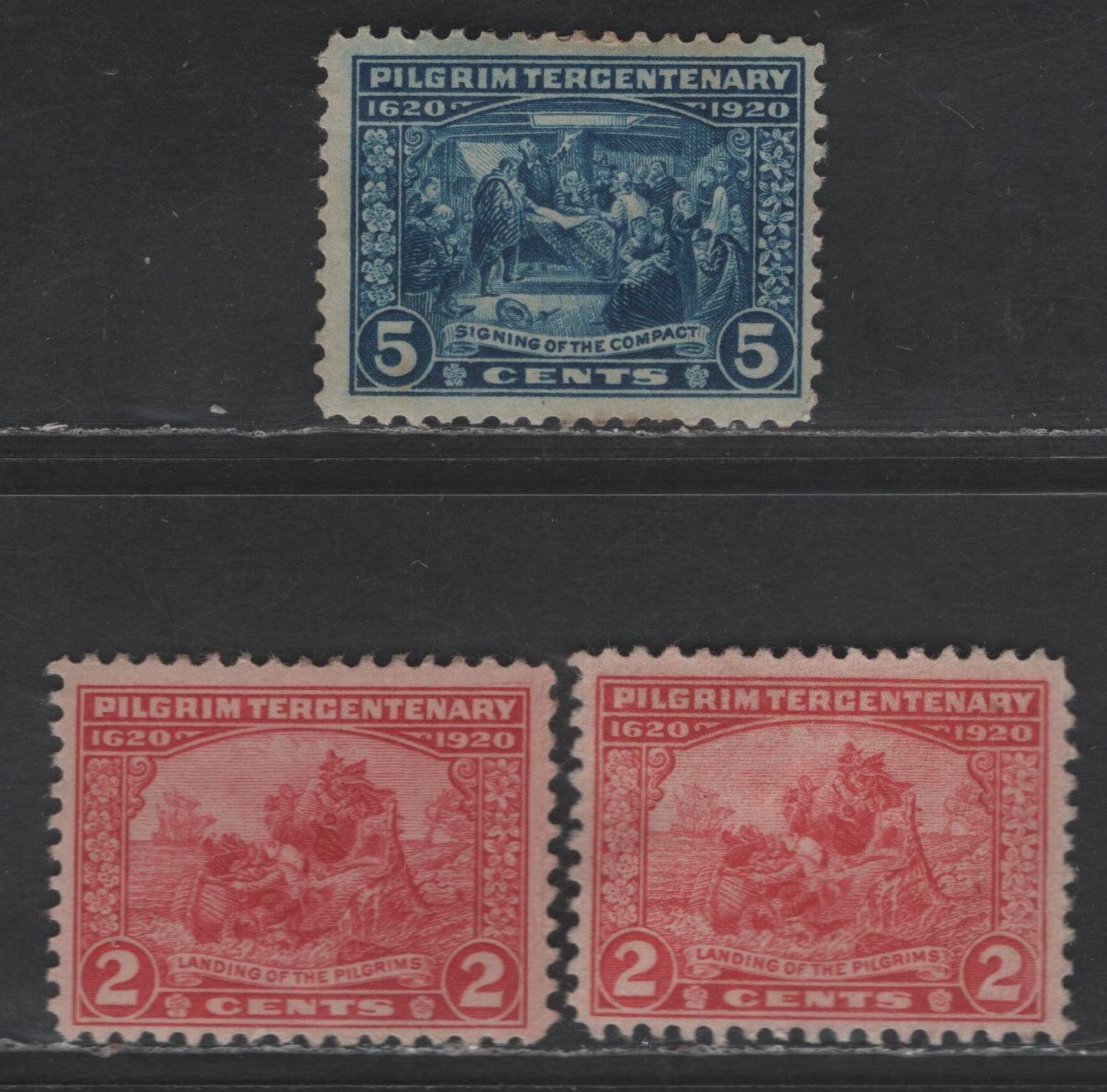 Lot 441 United States SC#549-550 2c - 5c Carmine Rose - Deep Blue Landing of the Pilgrims - Signing of the Compact, 1920 Pilgrim Tercentenary Issue, 3 F/VFOG Singles, Unwatermarked, Perf 11