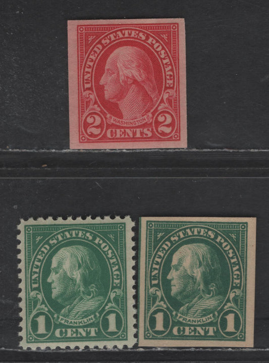 Lot 443 United States SC#551, 576-577 1c-2c Deep Green - Carmine Franklin - Washington, 1922-1925 Presidents Issue, 3 VFNH Sheet & Imperf Singles, Flat Plate Printings, Perf 11 & Imperf