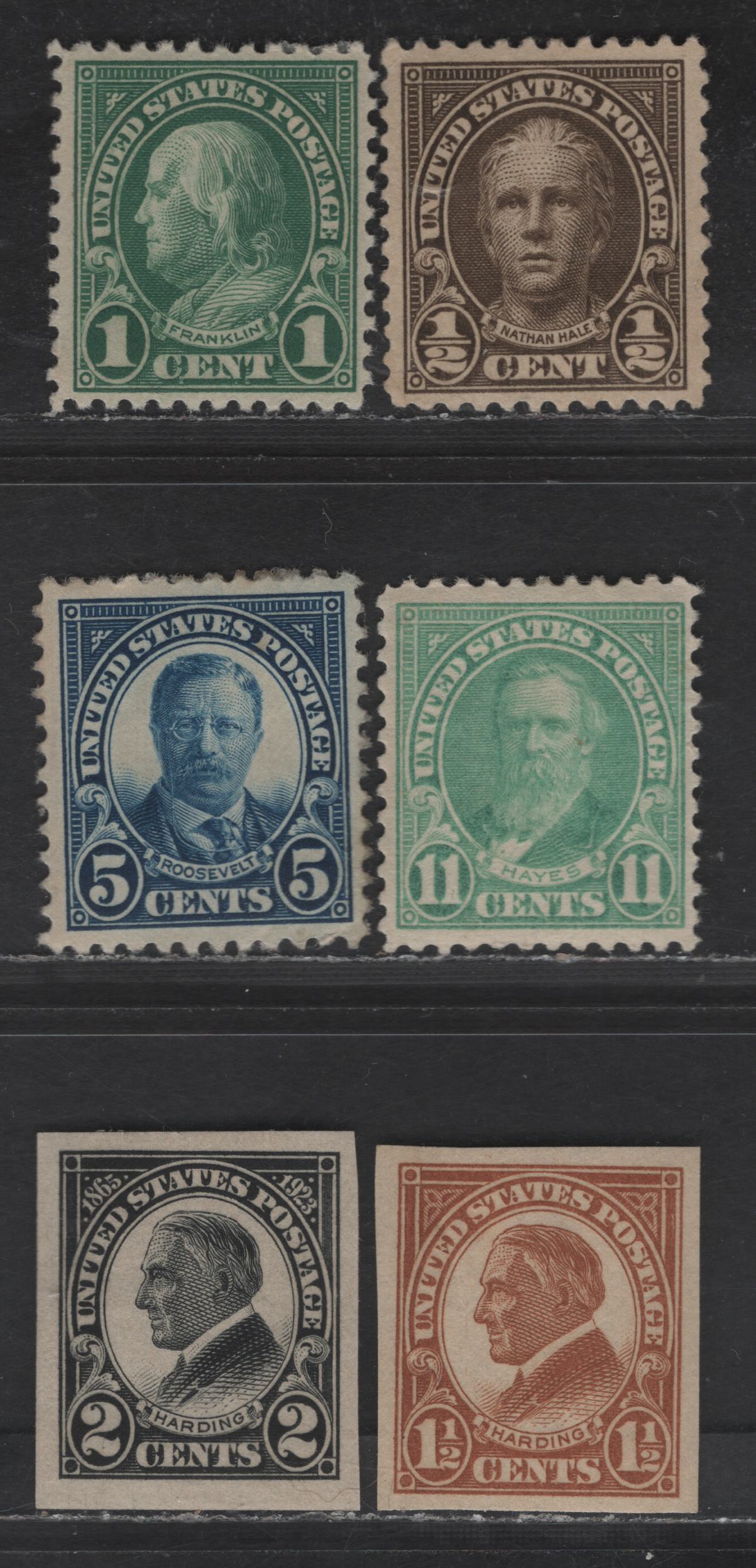 Lot 444 (C) United States SC#551-552, 557, 563, 576, 611 1/2c - 11c Olive Brown - Greenish Blue Nathan Hale - Warren G Harding, 1922-1925 Presidents Issues, 6 VFNH/OG Sheet & Imperf Singles, Flat Plate Printings, Perf 11 & Imperf