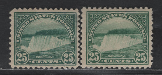Lot 447 United States SC#568 25c Yellow Green Niagara Falls, 1922-1925 Presidents Issue, 2 Fine and VFOG Singles, Unwatermarked, Perf 11, Two Different Shades