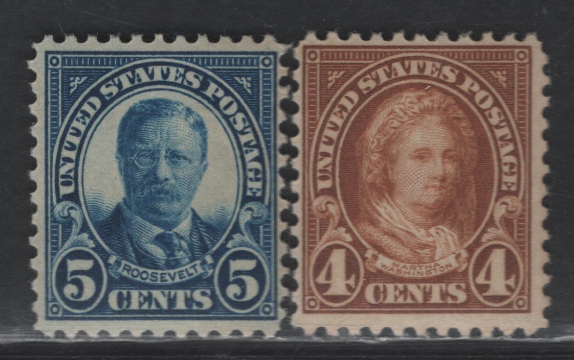 Lot 450 United States SC#556-557 4c - 5c Yellow Brown - Dark Blue Martha Washington - Theodore Roosevelt, 1922-1925 Presidents Issue, 2 FOG Singles, Unwatermarked, Perf 11