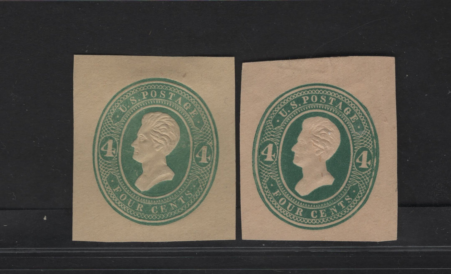 Lot 45 United States SC#U258-U259 4c Green Jackson, 1883-1886 Heads Issue, 2 Fine/Very Fine Unused Singles, Manilla & Amber Manilla, Die 2