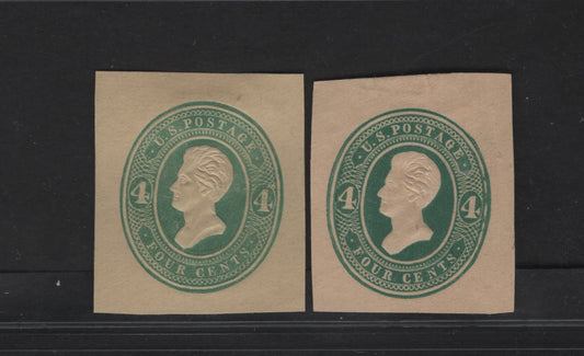 Lot 45 United States SC#U258-U259 4c Green Jackson, 1883-1886 Heads Issue, 2 Fine/Very Fine Unused Singles, Manilla & Amber Manilla, Die 2