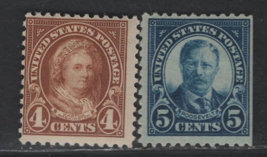 Lot 451 United States SC#556-557 4c - 5c Yellow Brown - Dark Blue Martha Washington - Theodore Roosevelt, 1922-1925 Presidents Issue, 2 VGOG Singles, Unwatermarked, Perf 11