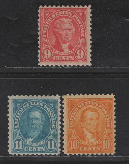 Lot 453 United States SC#561-563 9c-11c Rose - Greenish Blue Jefferson - Rutherford B Hayes, 1922-1925 Presidents Issue, 3 FOG Singles, Unwatermarked, Perf 11