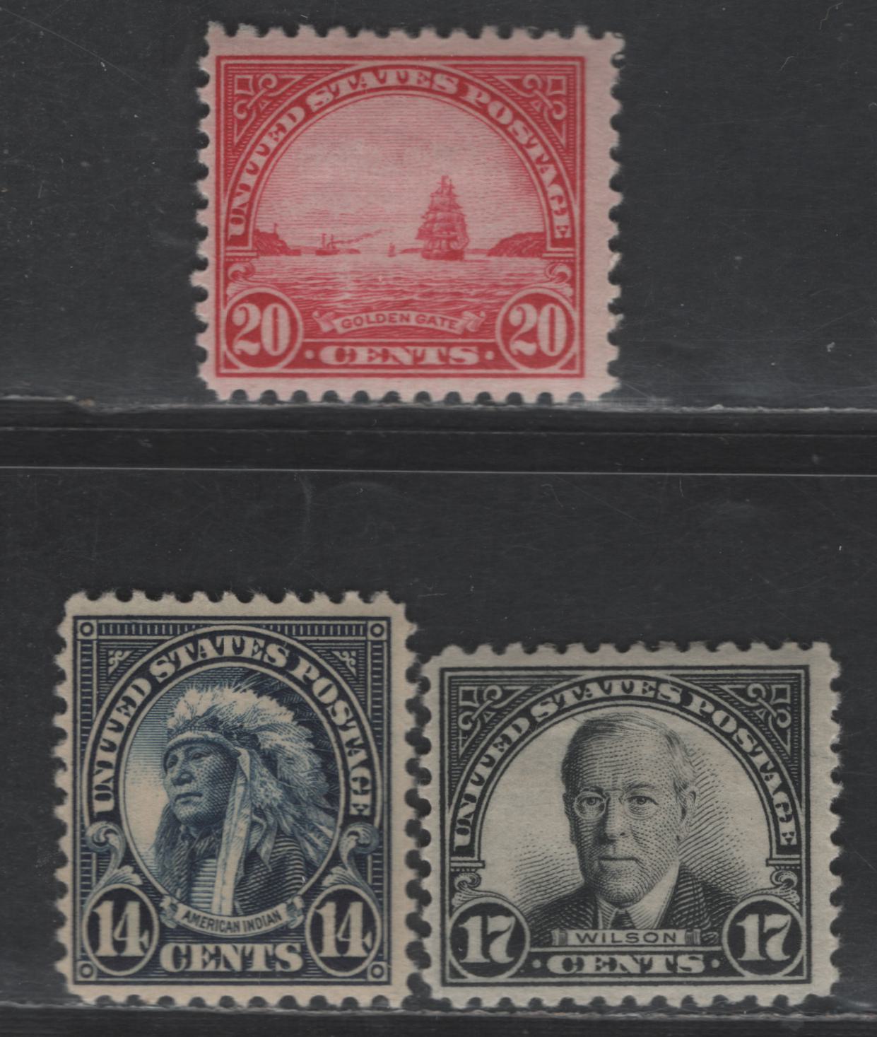 Lot 454 United States SC#565, 567, 623 14c - 20c Blue - Gray American Indian - Golden Gate, 1922-1925 Presidents Issue, 3 F/VFOG Singles, Unwatermarked, Perf 11