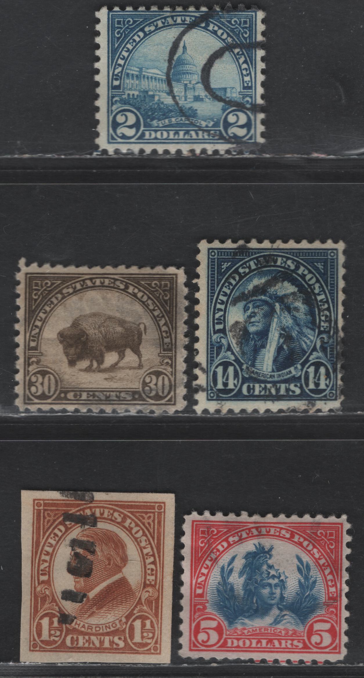 Lot 455 United States SC#565, 569, 572-573, 576 14c - $5 Blue - Carmine &Blue American Indian - Head of Freedom State, Capitol Dome, 1922-1925 Presidents Issue, 5 Fine/Very Fine Used Sheet & Imperf Singles, Unwatermarked, Perf 11 & Imperf