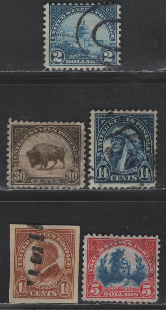Lot 455 United States SC#565, 569, 572-573, 576 14c - $5 Blue - Carmine &Blue American Indian - Head of Freedom State, Capitol Dome, 1922-1925 Presidents Issue, 5 Fine/Very Fine Used Sheet & Imperf Singles, Unwatermarked, Perf 11 & Imperf