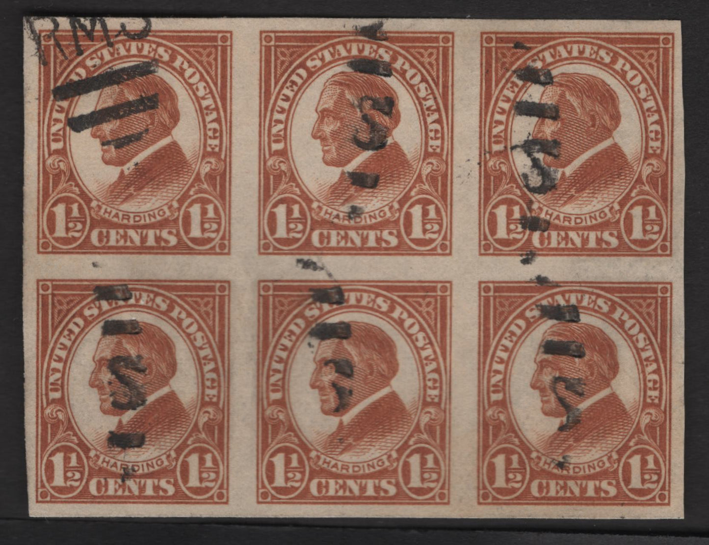 Lot 456 United States SC#576 1.5c Yellow Brown Harding, 1923-1925 Presidents Issue, A Very Fine Used Imperf Block Of 6, Unwatermarked