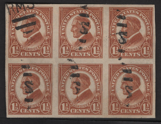 Lot 456 United States SC#576 1.5c Yellow Brown Harding, 1923-1925 Presidents Issue, A Very Fine Used Imperf Block Of 6, Unwatermarked