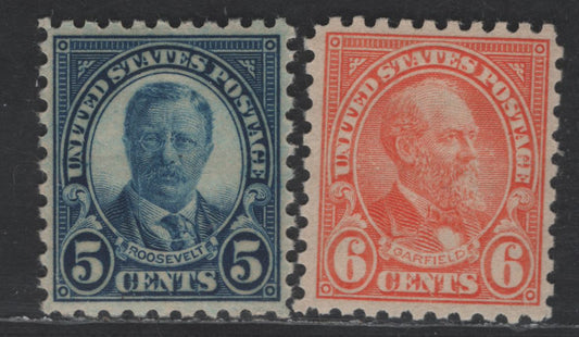 Lot 460 United States SC#586-587 5c - 6c Blue - Red Orange Theodore Roosevelt - Garfield, 1923-1926 Presidents Issue, 2 VFOG Singles, Perf 10, Stamp Designs 19.5x22.5mm