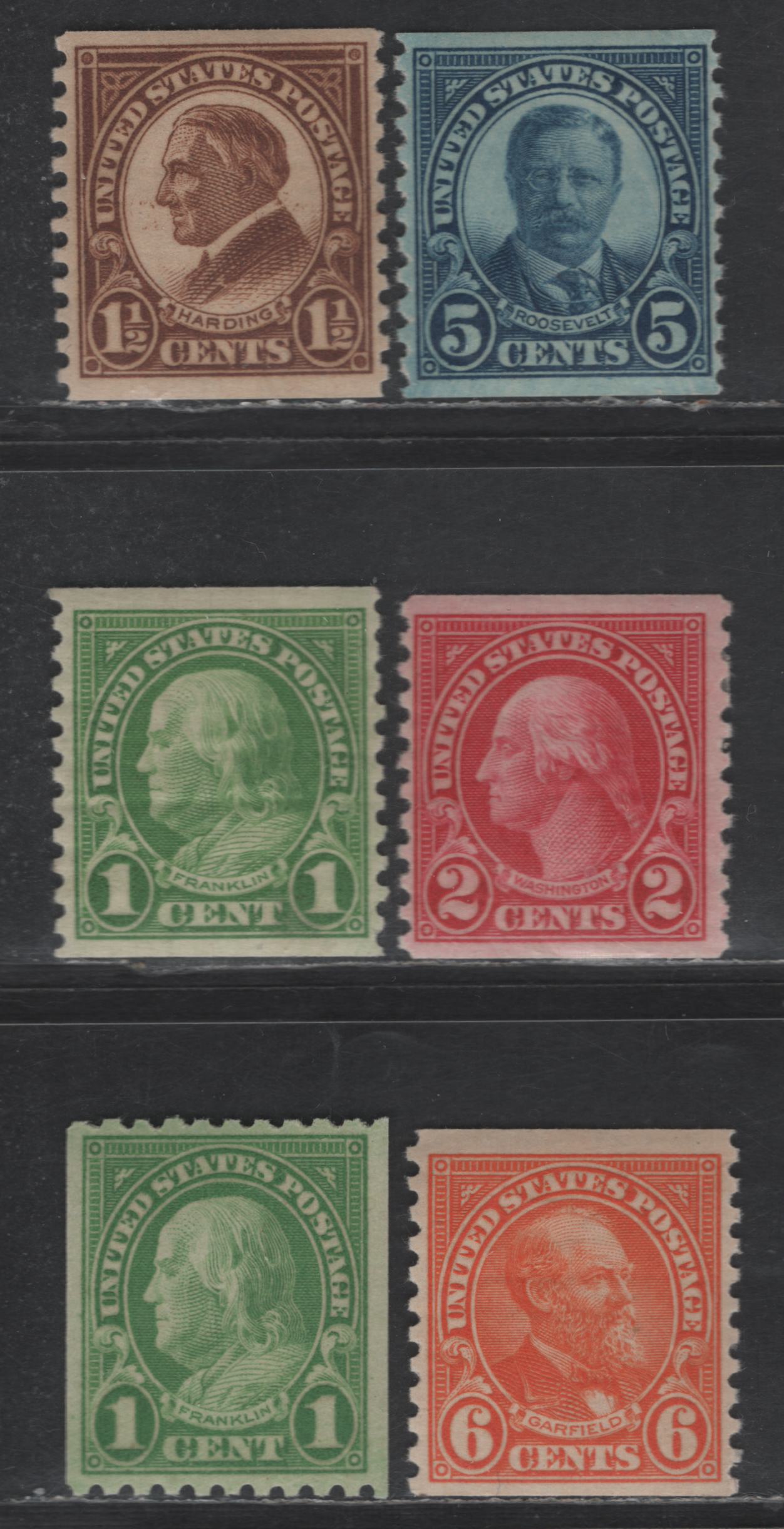 Lot 463 United States SC#597-599, 602, 604, 723 1c - 6c Green - Orange Franklin - Garfield, 1923-1932 Presidents Coil Issues, 6 F/VFOG Coil Singles, Perf 10 Vertical & Horizontal