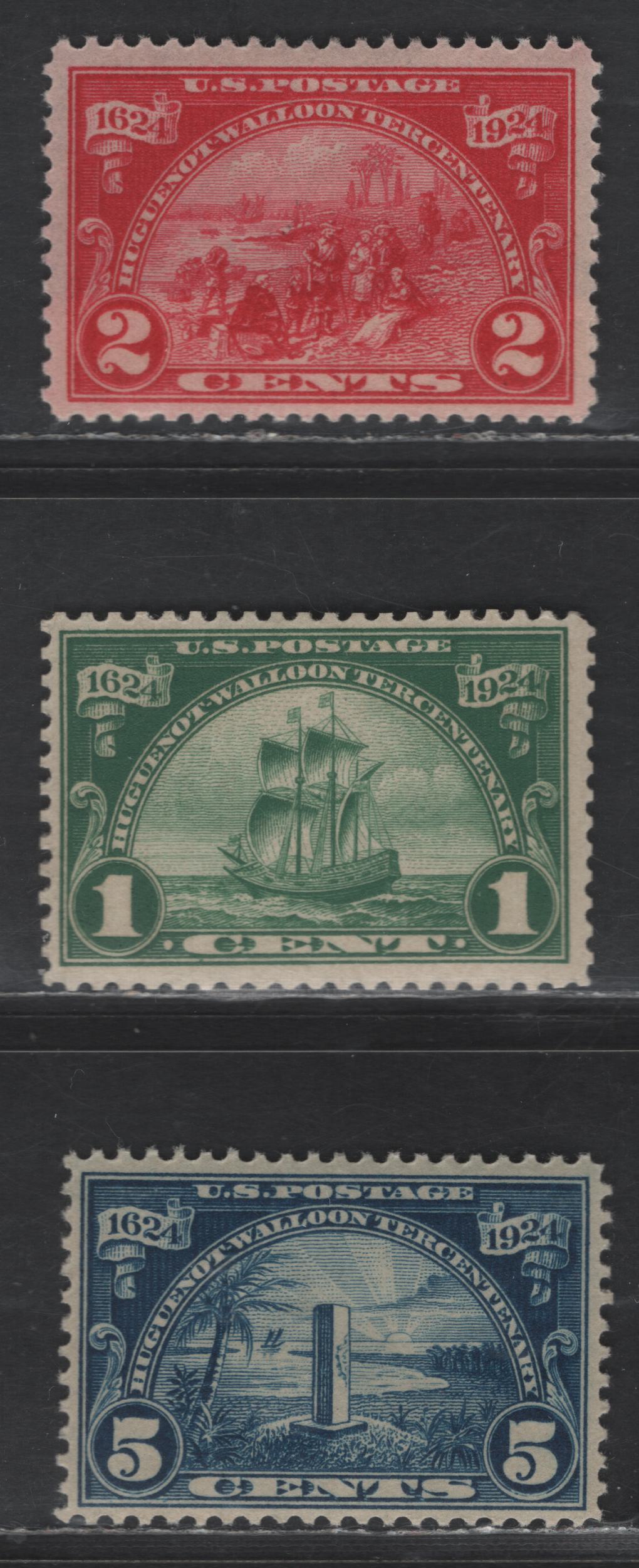 Lot 464 United States SC#614-616 1c - 5c Dark Green - Dark Blue 'New Netherland' - Monument To Jan Ribault at Duvall County, 1924 Huguenot-Walloon Tercentenary Issue, 3 VFOG Singles, Flat Plate Printing, Perf 11