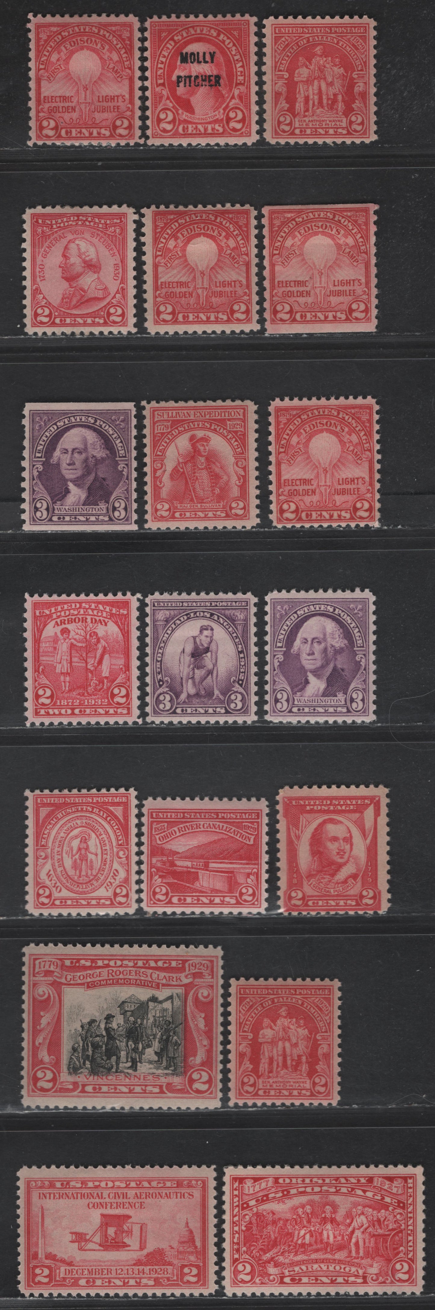 Lot 465 United States SC#644, 646, 649, 651, 654, 656-657, 680-682, 689, 690, 717-718, 720,  2c - 3c Carmine Rose - Purple Surrender of Gen. Burgoyne - Washington, 1927-1932 Commemorative Issues, 19 F/VFOG Sheet & Coil Singles, Perf 10 Vertical