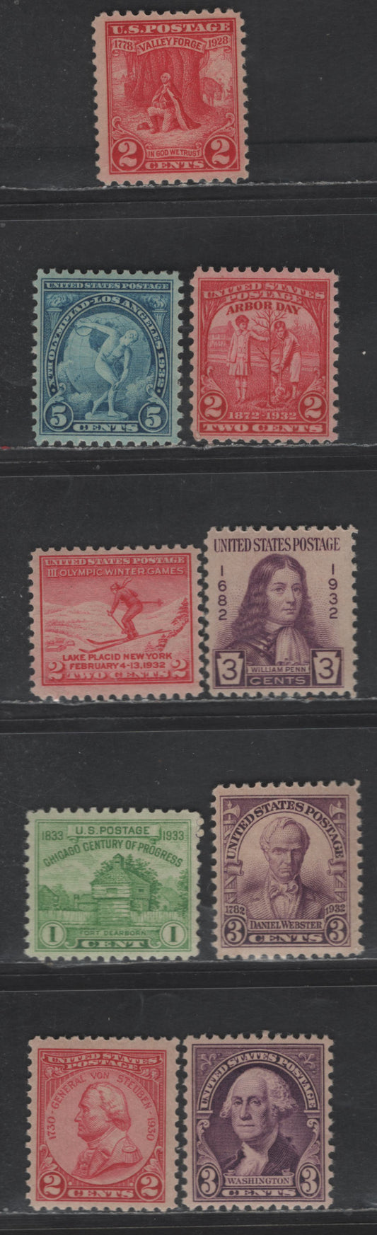 Lot 466 United States SC#645, 689, 716-717, 719-720, 724-725, 728 2c - 1c Carmine Rose - Yellow Green Washington at Prayer - Restoration of Fort Dearborn, 1928-1933 Commemorative Issues, 9 VFNH Singles