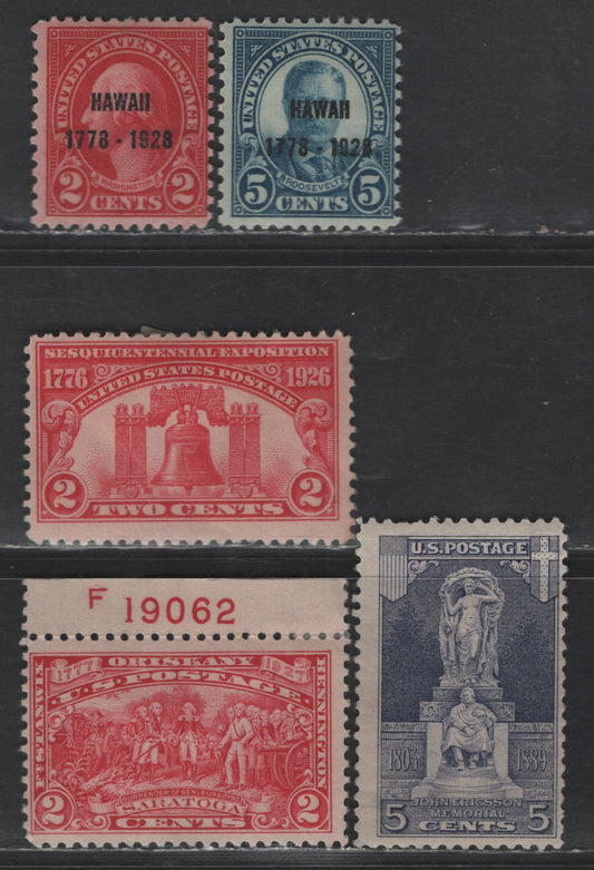 Lot 467 United States SC#627-628,644, 647-648 2c - 5c Carmine Rose - Dark Blue Liberty Bell - Theodore Roosevelt, 1926-1928 Commemorative Issues, 5 FOG Singles, Perfs 11 & 11x10.5