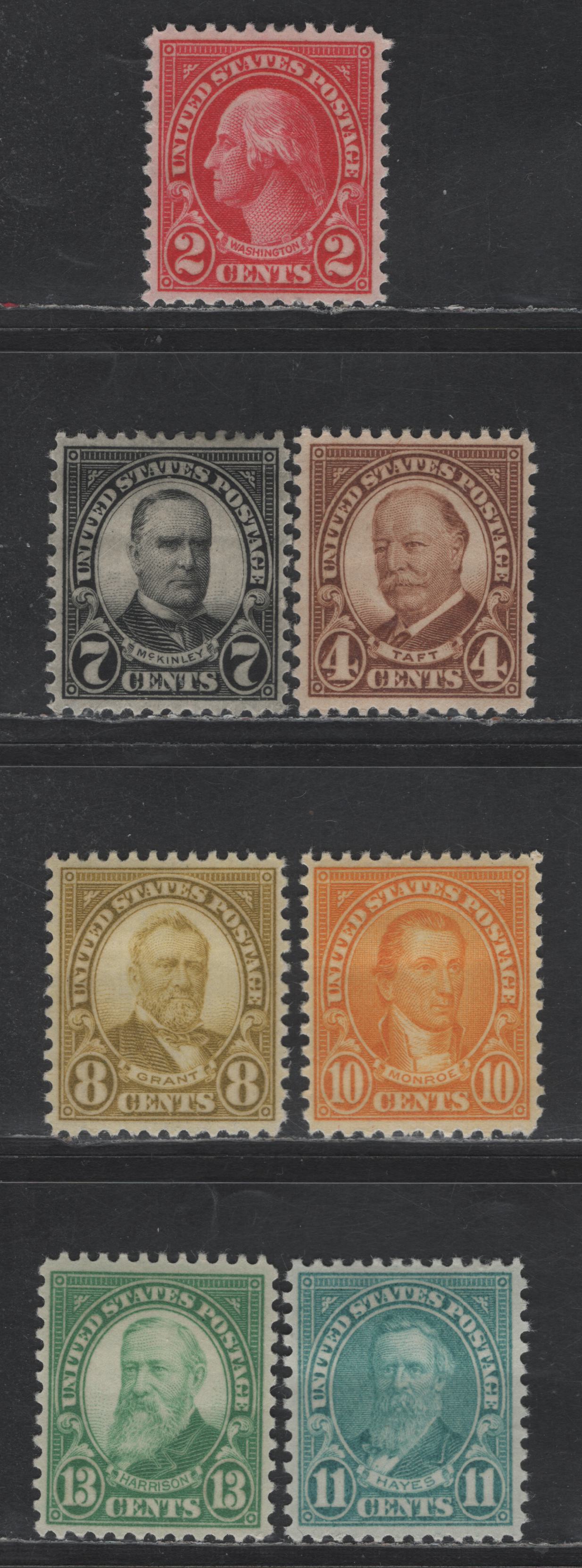 Lot 468 United States SC#634, 636, 639-640, 642, 692, 694 2c - 13c Carmine - Yellow Green Washington - Benjamin Harrison, 1926-1934 Presidents Issues, 7 VFOG Singles, Perfs 11x10.5, Rotary Press Printing
