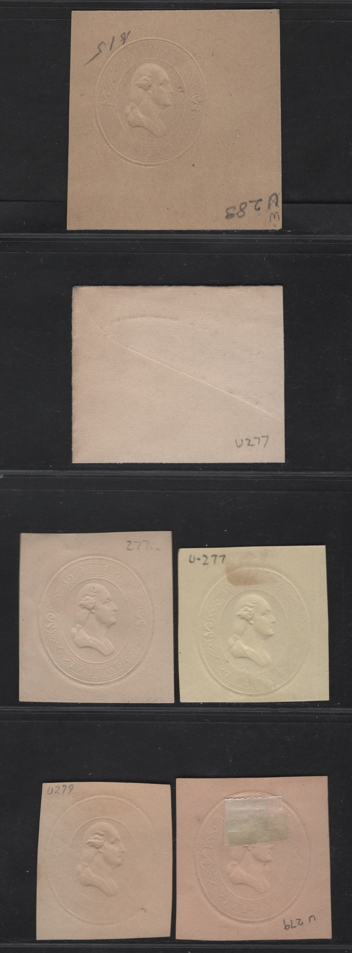 Lot 47 United States SC#U277-U279, U281, W233 2c Brown Jackson, 1884-1886 Heads Issue, 6 Fine/Very Fine/Extremely Fine Unused Singles, Die 1 on Manilla