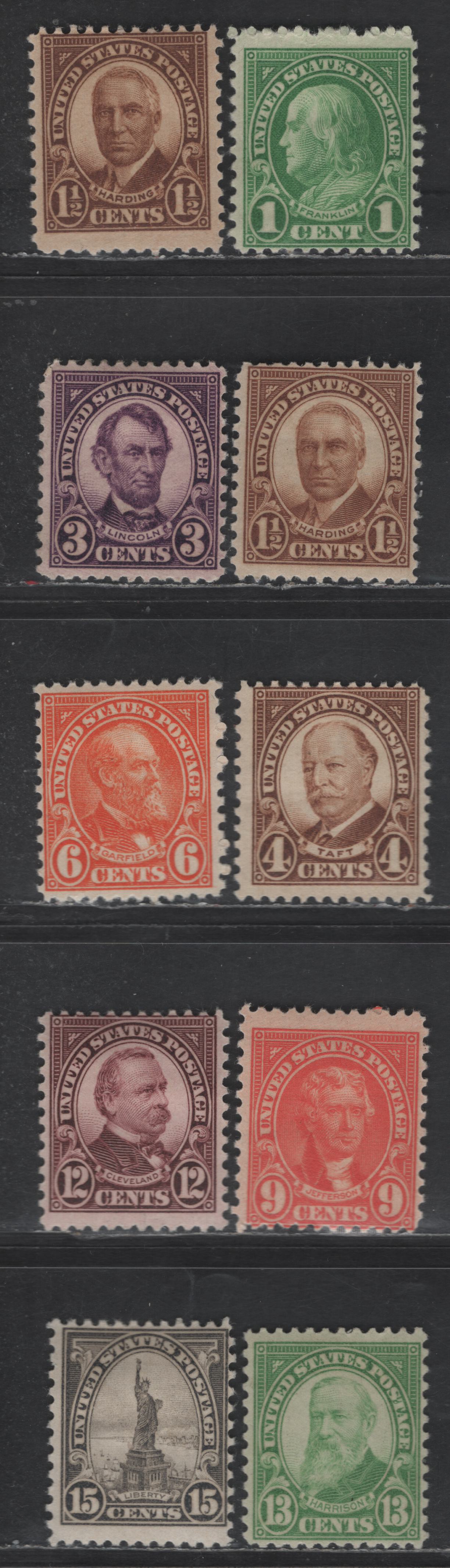 Lot 472 United States SC#658-659, 661-662, 664, 667, 693-694, 696 1c - 15c Green - Black Franklin - Statue of Liberty, 1929-1931 President Issues, 10 VGOG Singles, Rotary Press Printing, Perf 11x10.5