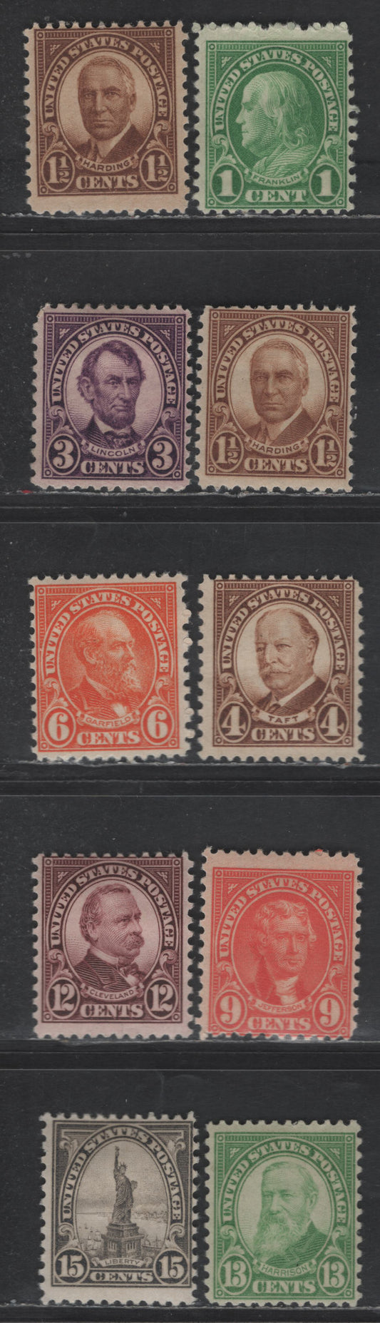 Lot 472 United States SC#658-659, 661-662, 664, 667, 693-694, 696 1c - 15c Green - Black Franklin - Statue of Liberty, 1929-1931 President Issues, 10 VGOG Singles, Rotary Press Printing, Perf 11x10.5