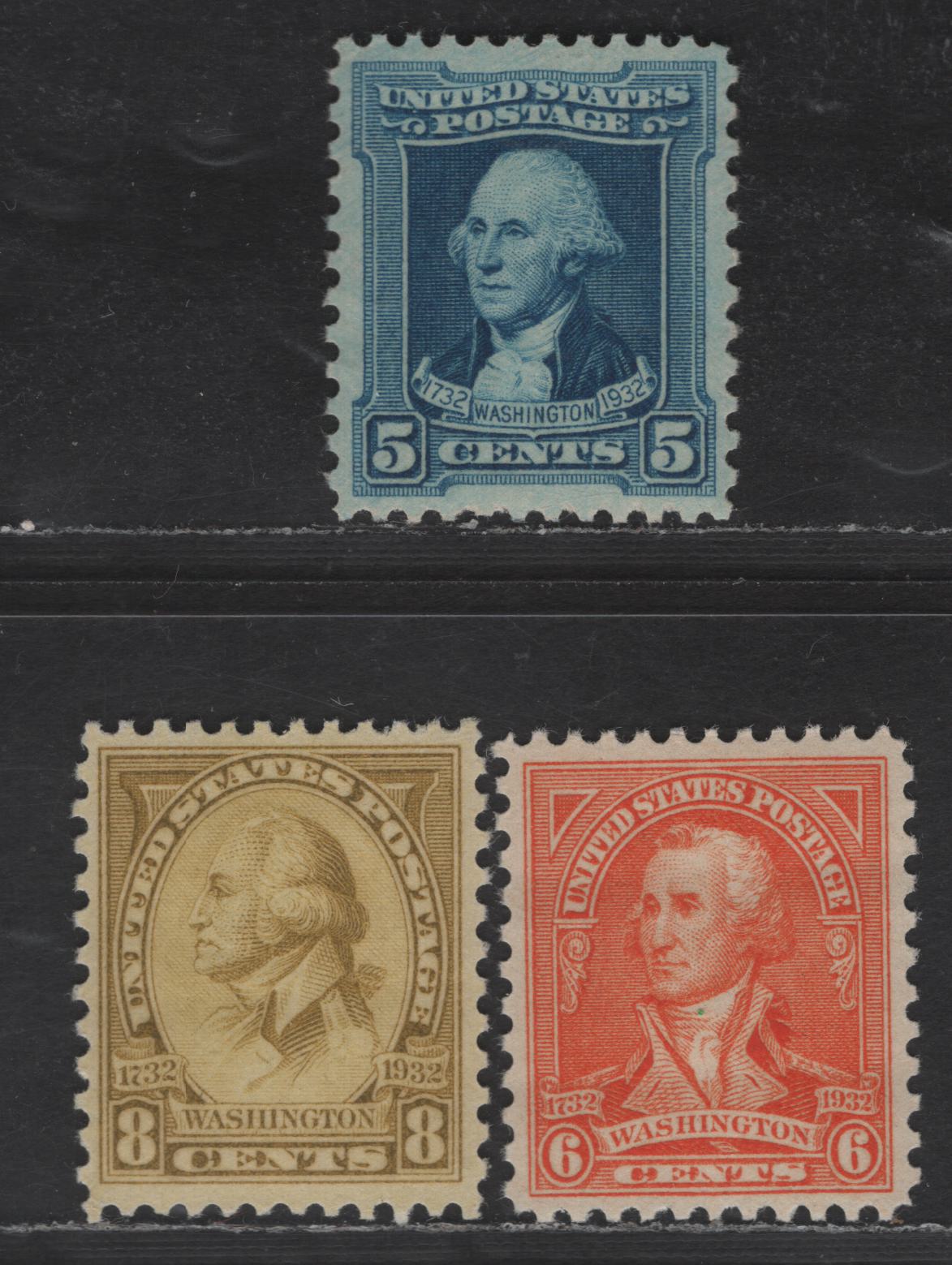 Lot 475 United States SC#710-711, 713 5c - 8c Blue - Orange Washington, 1932 Washington Bicentennial Issue, 3 VFNH Singles, Rotary Press Printing, Perf 11x10.5