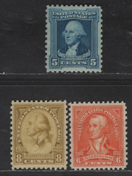 Lot 475 United States SC#710-711, 713 5c - 8c Blue - Orange Washington, 1932 Washington Bicentennial Issue, 3 VFNH Singles, Rotary Press Printing, Perf 11x10.5