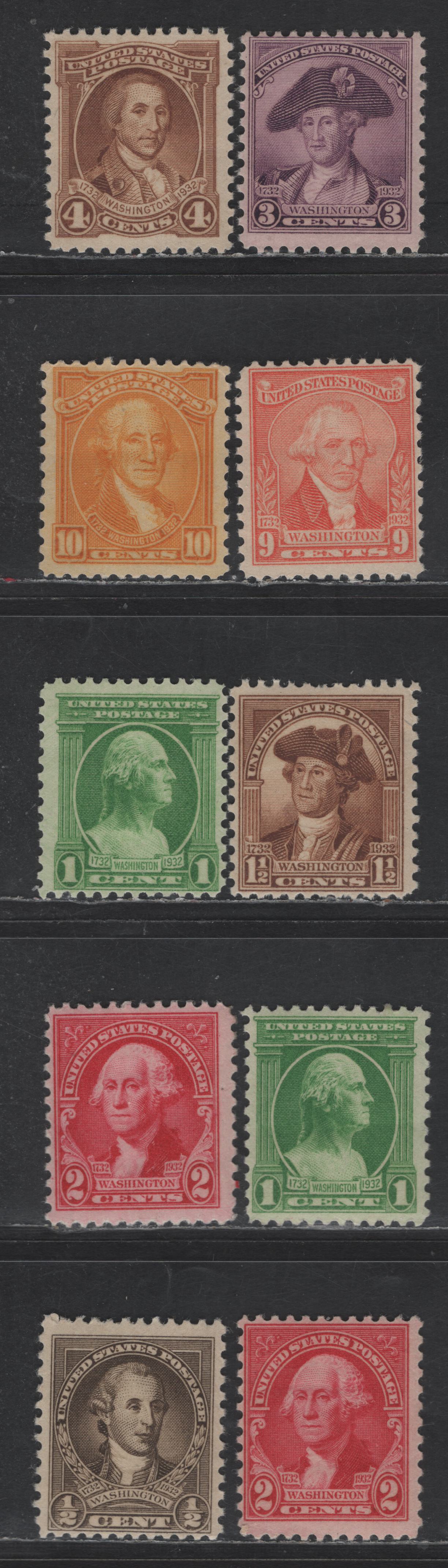 Lot 476 United States SC#704-709, 714-715 1/2c -10c Olive Brown - Orange Yellow Washington, 1932 Washington Bicentennial Issue, 10 VFNH Singles, Rotary Press Printing, Perf 11x10.5, Some Shade Variations