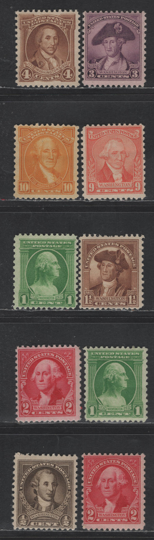 Lot 476 United States SC#704-709, 714-715 1/2c -10c Olive Brown - Orange Yellow Washington, 1932 Washington Bicentennial Issue, 10 VFNH Singles, Rotary Press Printing, Perf 11x10.5, Some Shade Variations