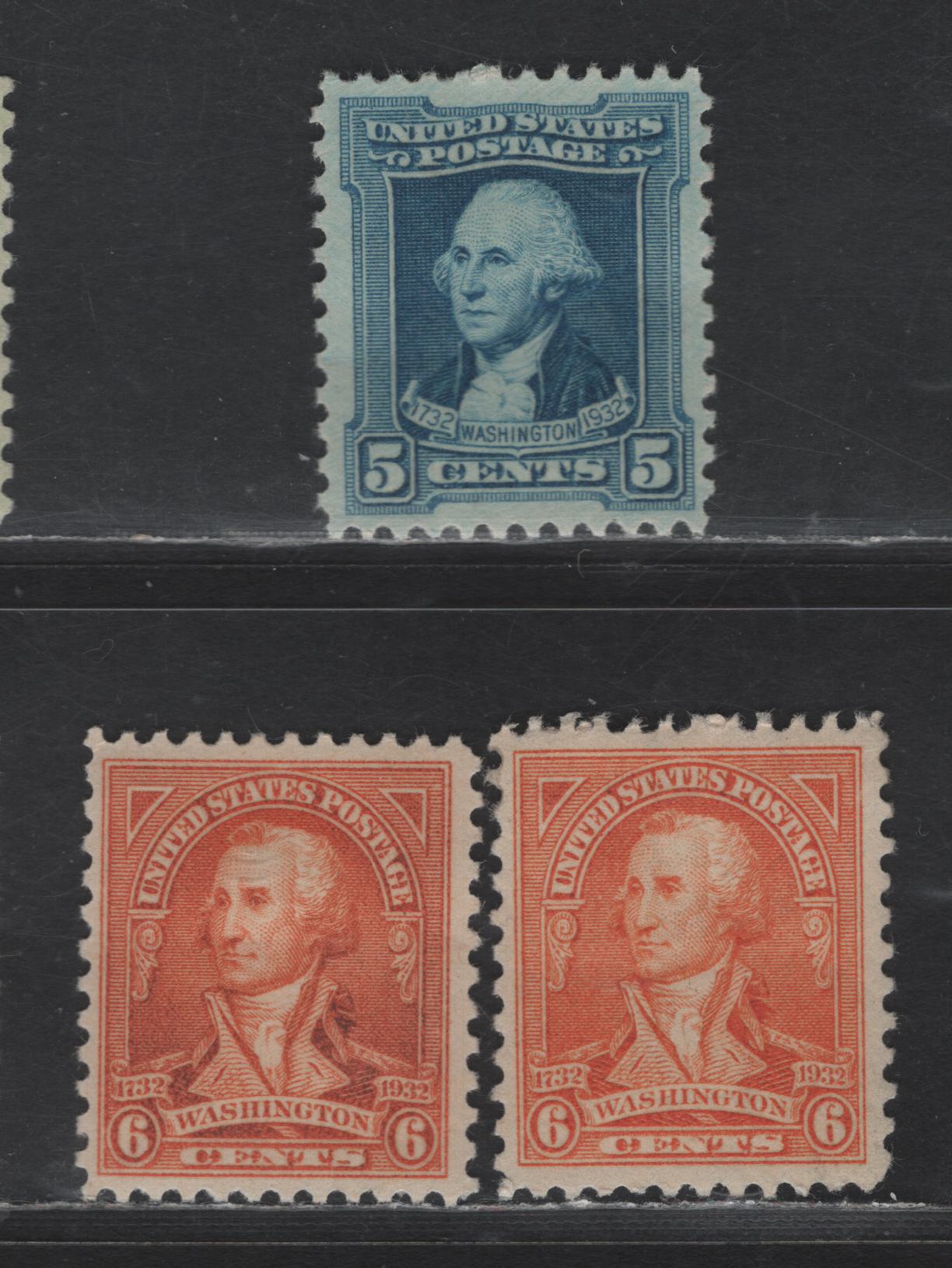 Lot 477 United States SC#710-711 5c - 6c Blue - Red Orange Washington, 1932 Washington Bicentennial Issue, 3 VFOG/NH Singles, Rotary Press Printing, Perf 11x10.5, Two Shades Of 6c