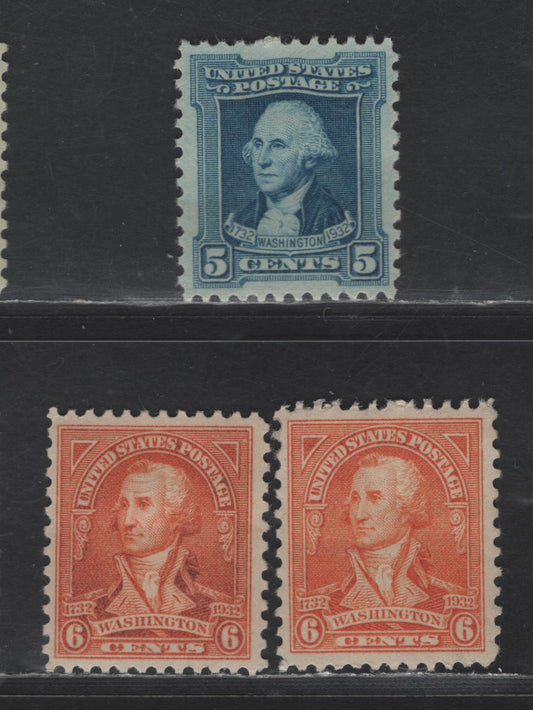 Lot 477 United States SC#710-711 5c - 6c Blue - Red Orange Washington, 1932 Washington Bicentennial Issue, 3 VFOG/NH Singles, Rotary Press Printing, Perf 11x10.5, Two Shades Of 6c