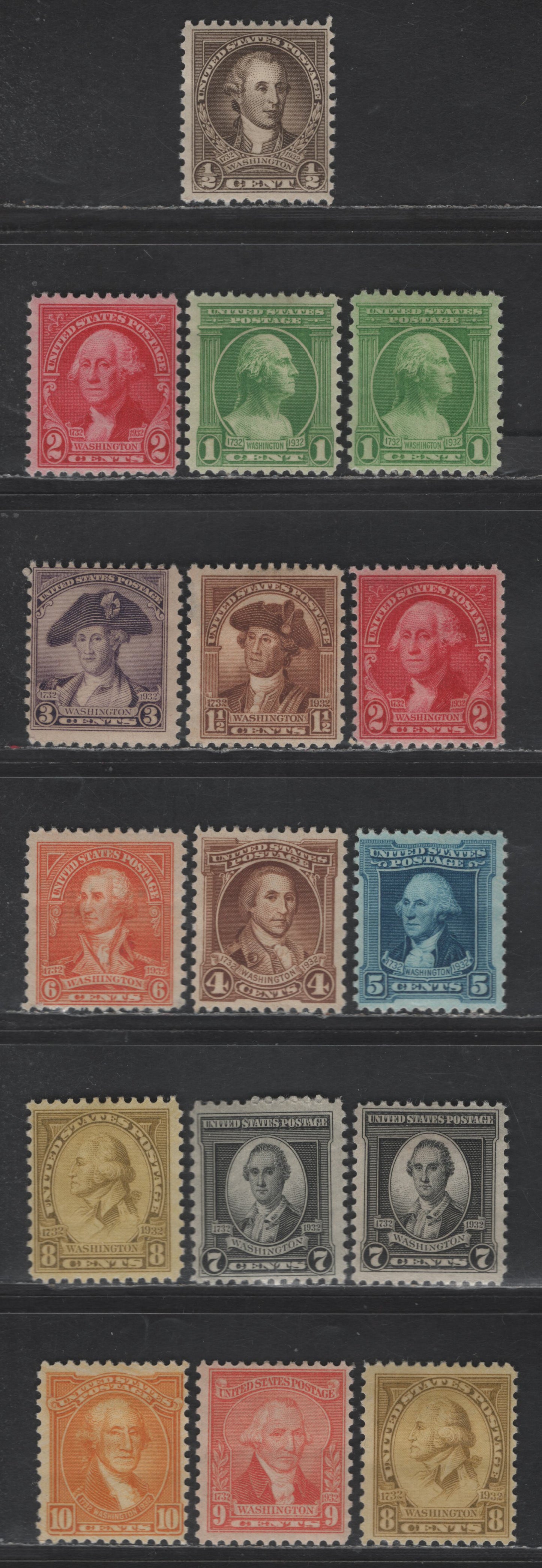Lot 478 (C) United States SC#704-715 1c - 10c Olive Brown - Orange Yellow Washington, 1932 Washington Bicentennial Issue, 16 F/VFOG Singles, Rotary Press Printing, Perf 11x10.5, Full Set Plus Additional Shades