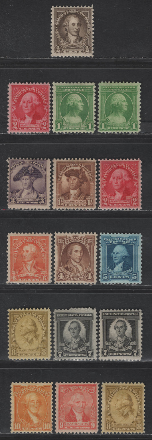Lot 478 (C) United States SC#704-715 1c - 10c Olive Brown - Orange Yellow Washington, 1932 Washington Bicentennial Issue, 16 F/VFOG Singles, Rotary Press Printing, Perf 11x10.5, Full Set Plus Additional Shades