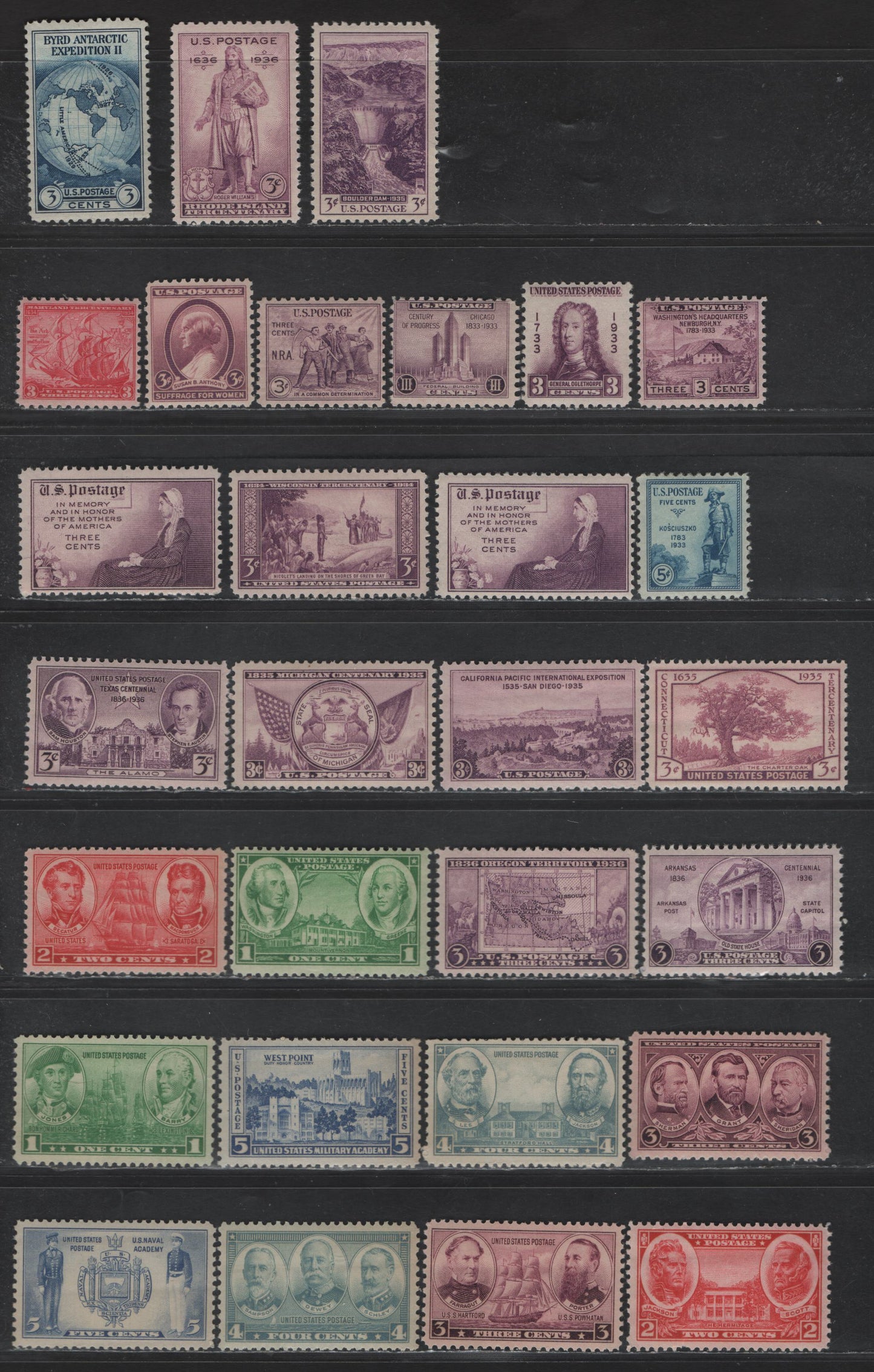 Lot 480 United States SC#726-727, 729, 732-734, 736-739, 772-777, 782-784, 785-794 3c - 5c Purple - Ultramarine Gen. James Edward Oglethorpe - U.S. Military Academy, 1933-1937 Commemorative Issues, 29 VFNH Singles
