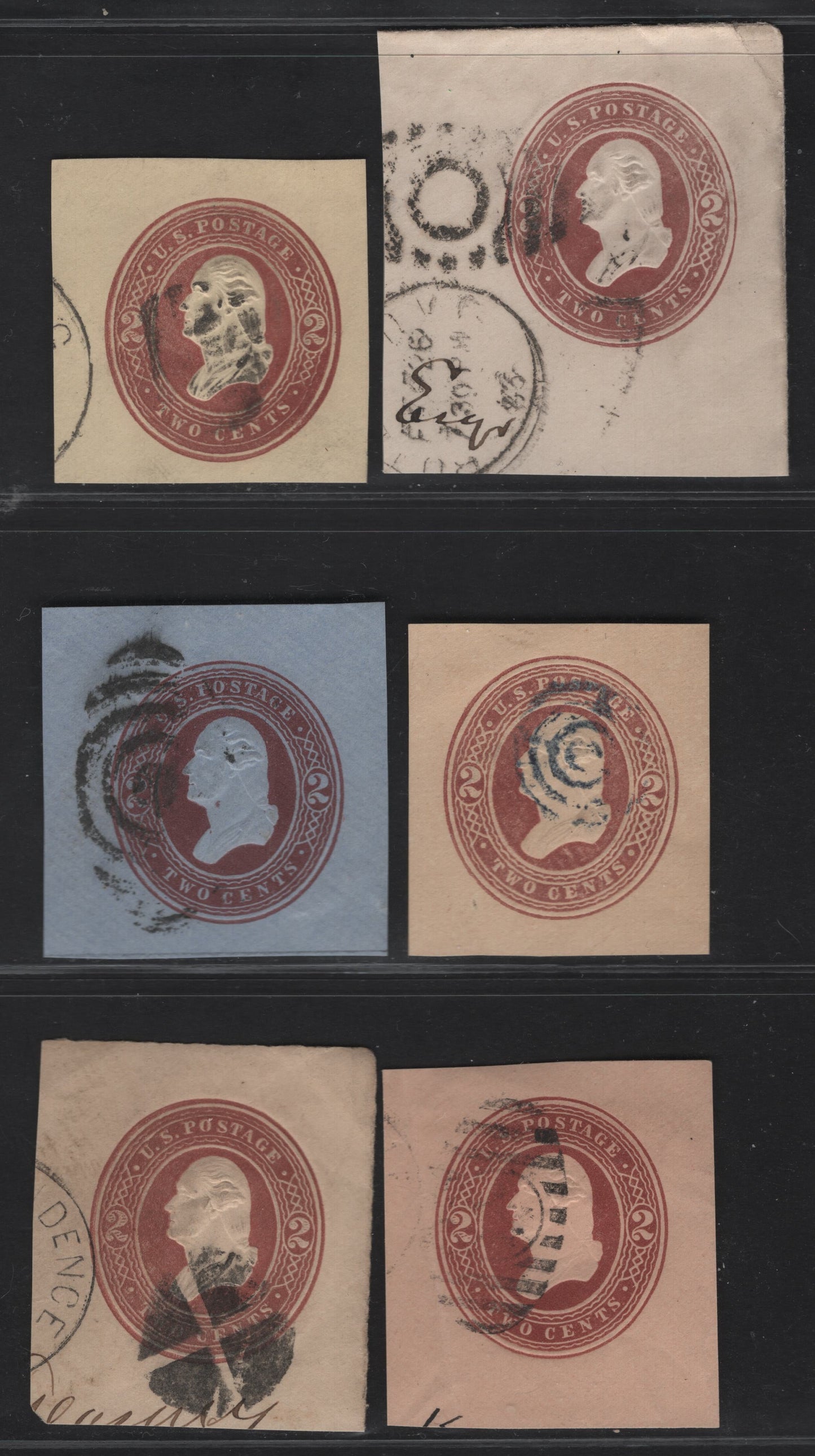 Lot 48 United States SC#U277-U282 2c Brown Jackson, 1884-1886 Heads Issue, 6 Very Fine Used Singles, White, Amber, Oriental Buff, Blue, Fawn & Manilla, Two Wavy Lines in Oval