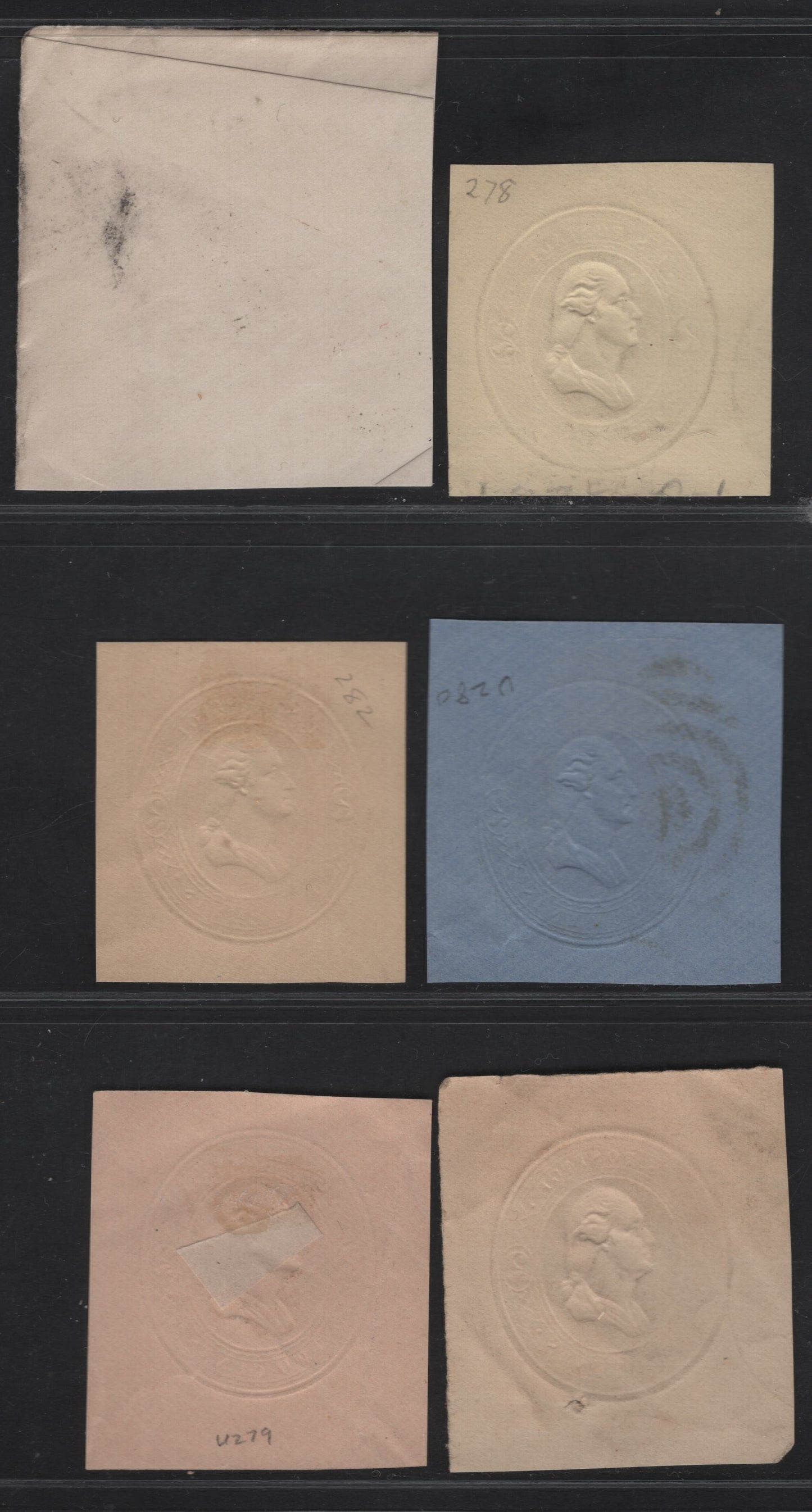 Lot 48 United States SC#U277-U282 2c Brown Jackson, 1884-1886 Heads Issue, 6 Very Fine Used Singles, White, Amber, Oriental Buff, Blue, Fawn & Manilla, Two Wavy Lines in Oval