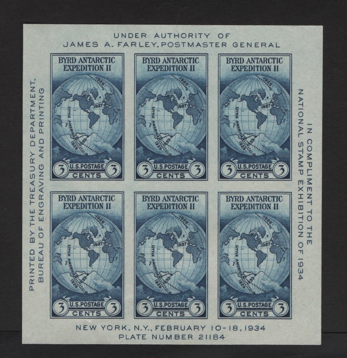 Lot 481 United States Of America SC#735 3c Dark Blue World Map, 1934 National Stamp Exhibition Issue, A Fine unused Souvenir Sheet Light Vertical Bend