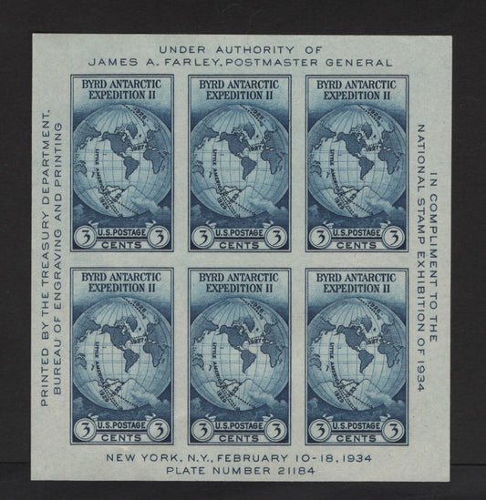 Lot 481 United States Of America SC#735 3c Dark Blue World Map, 1934 National Stamp Exhibition Issue, A Fine unused Souvenir Sheet Light Vertical Bend