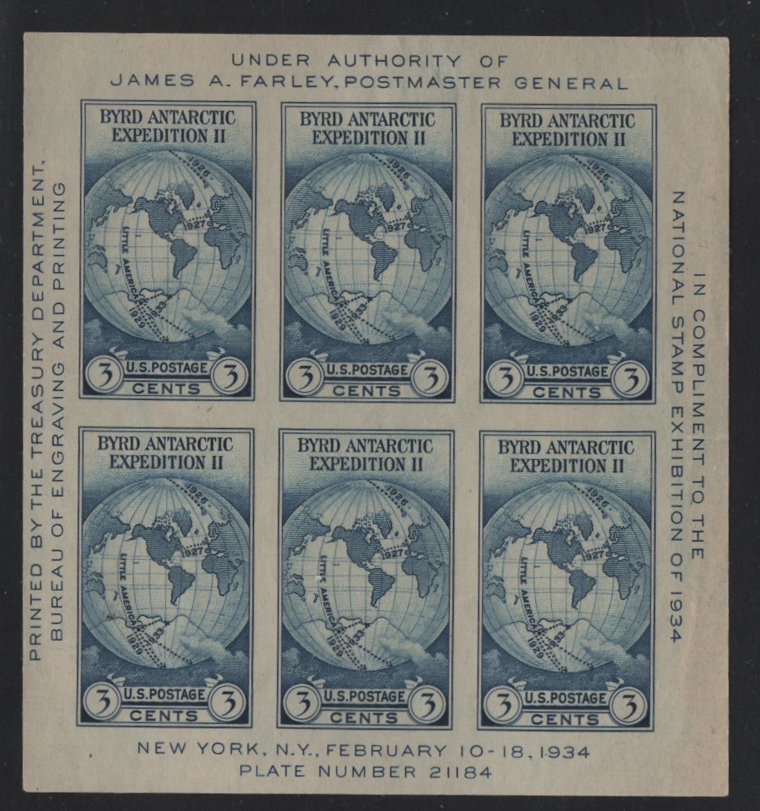 Lot 482 United States Of America SC#735 3c Dark Blue World Map, 1934 National Stamp Exhibition Issue, A VF unused Souvenir Sheet