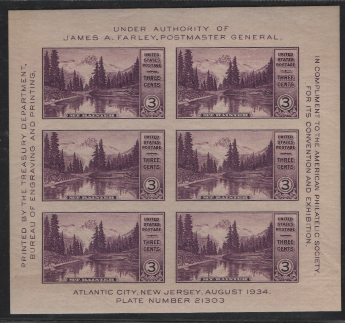 Lot 483 United States Of America SC#750 3c Purple Mt. Ranier, 1934 American Philatelic Society Issue, A VFNH Souvenir Sheet