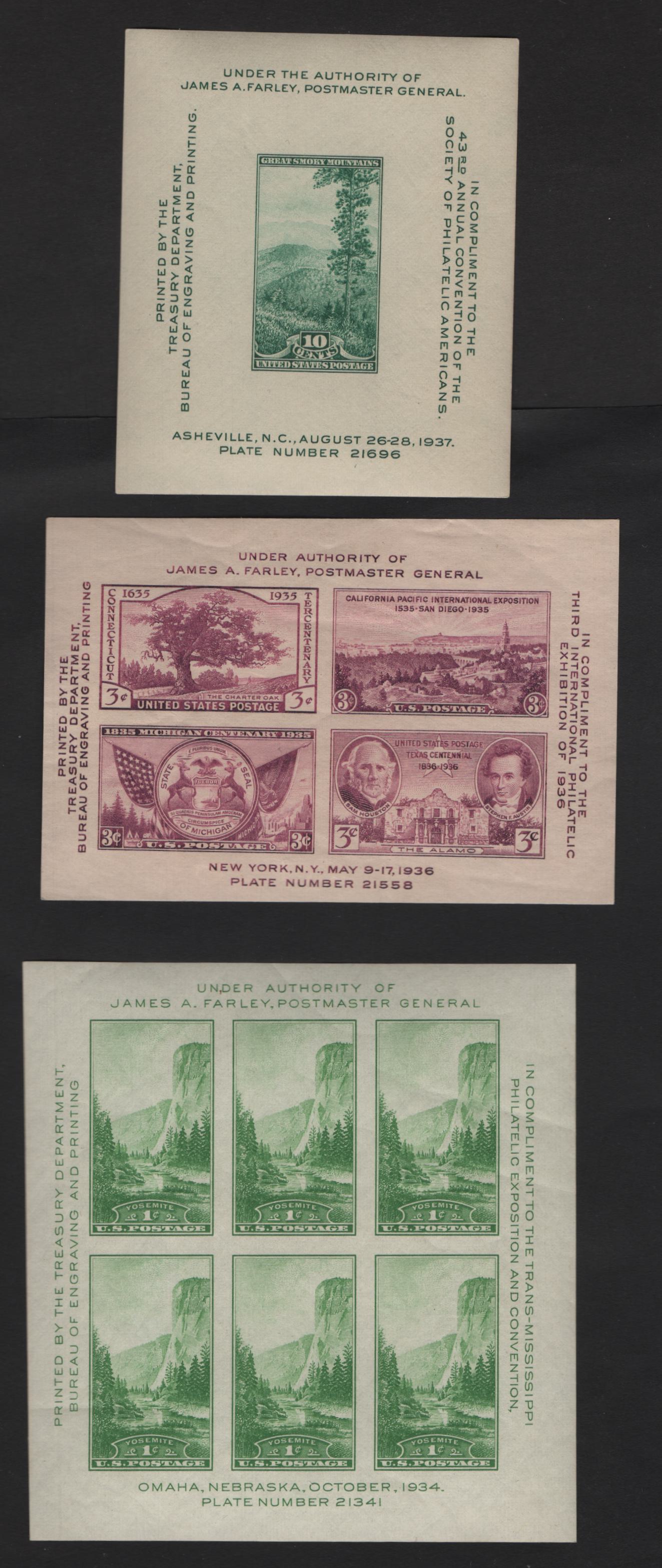 Lot 484 United States Of America SC#751, 778, 797 1c, 3c, 10c Yellow Green, Purple & Blue Green Various Designs, 1934-1937 Trans-Mississippii Philatelic Exhibition - Society Of Philatelic Americans Issue, 3 VFNH Souvenir Sheets