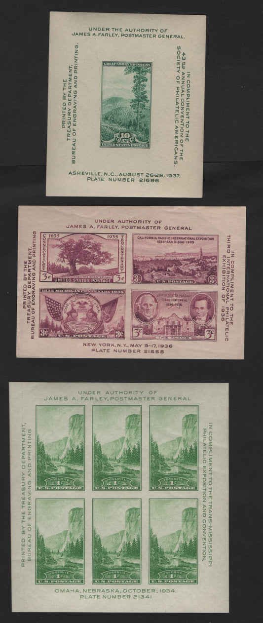 Lot 484 United States Of America SC#751, 778, 797 1c, 3c, 10c Yellow Green, Purple & Blue Green Various Designs, 1934-1937 Trans-Mississippii Philatelic Exhibition - Society Of Philatelic Americans Issue, 3 VFNH Souvenir Sheets