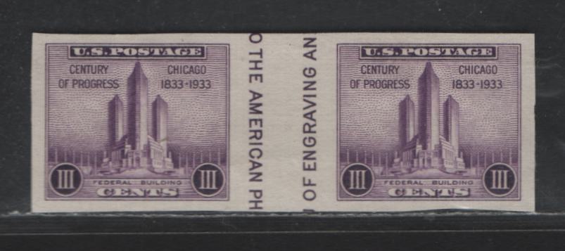 Lot 485 United States SC#767a 3c Purple Federal Building, 1934 Farley Century Of Progress Issue, A Very Fine Unused Pair, Horizontal Pair With Vertical Gutter, From Souvenir Sheet