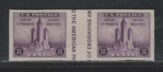 Lot 485 United States SC#767a 3c Purple Federal Building, 1934 Farley Century Of Progress Issue, A Very Fine Unused Pair, Horizontal Pair With Vertical Gutter, From Souvenir Sheet