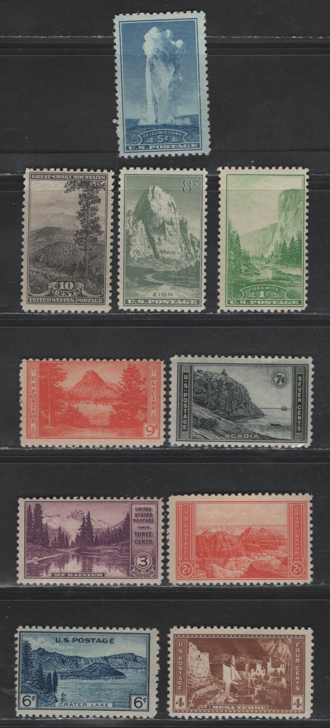Lot 486 United States SC#740-749 1c - 10c Green - Gray Black El Capitan, Yosemite - Mt Rockwell, Glacier National Park, 1934 National Park Issue, 10 F/VFNH/OG Singles, Natural Gum Skips At Base of 9c, Small Disturbances On 6c